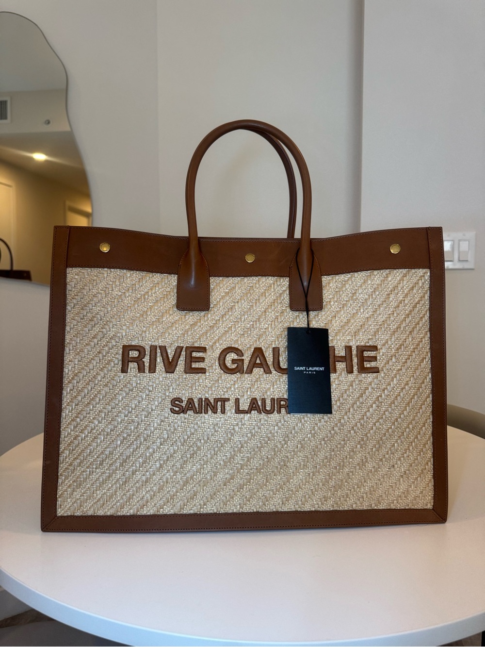 NEW Saint Laurent Natural Raffia Tote with Brown Leather Trim